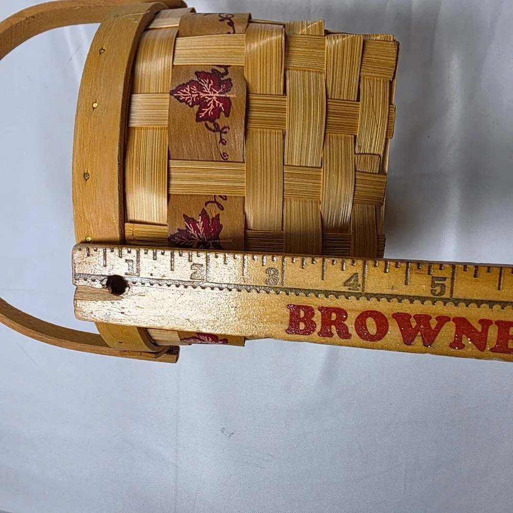 Small Woven Wood Basket with Burgundy Maple Leaf Design and Fixed Handle